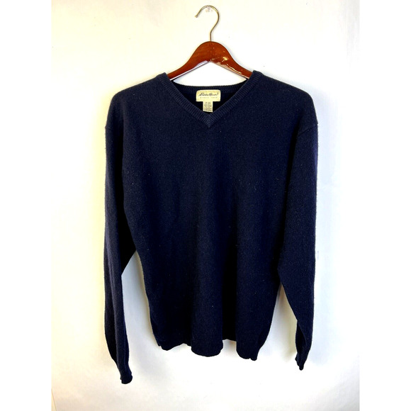 Eddie Bauer Lambswool Sweater Men's Large Navy Classic V Neck Outdoors Wool - Picture 8 of 8
